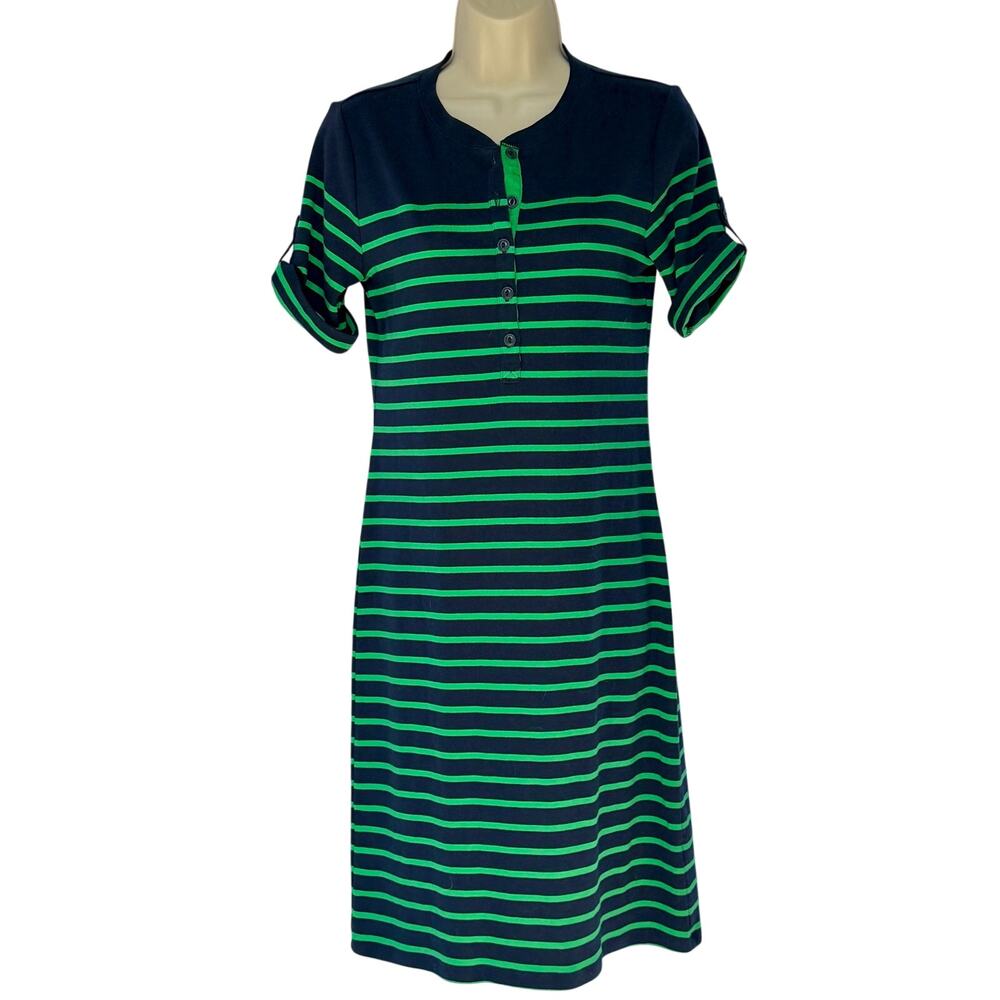 Lauren Ralph Lauren 100% Cotton Henley Dress | Nautical Stripe Green/Navy | Sm